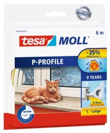 Ajtó- és ablaktömítő szalag, 9 mm x 6 m, TESA "tesamoll® P profil", fehér